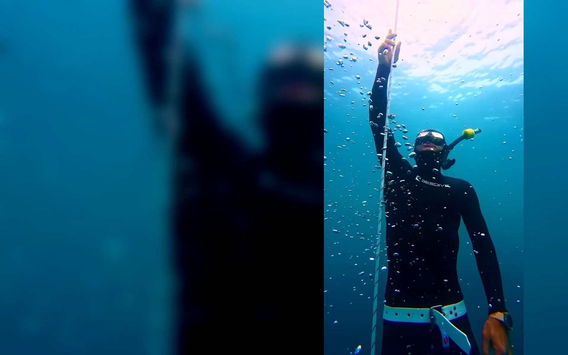 Freediver holding the line underwater in the nofins album